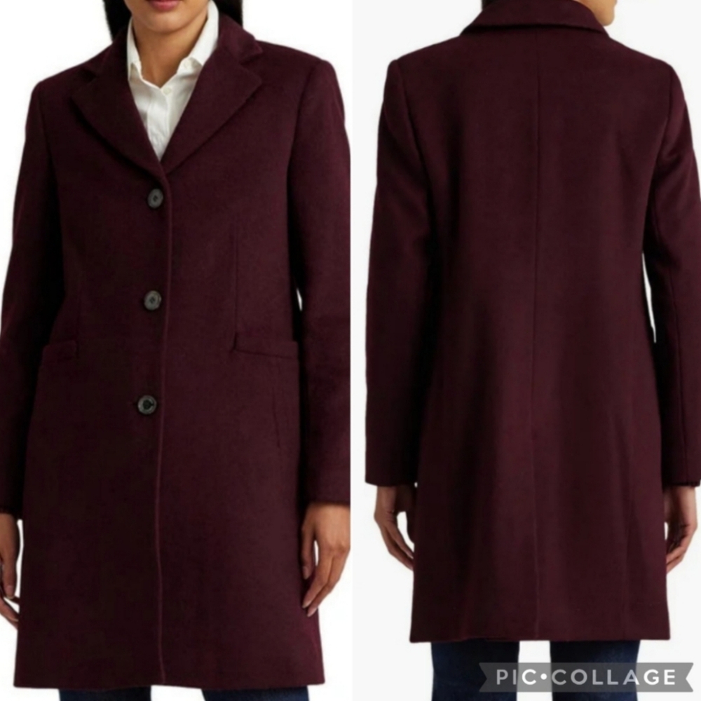 Lauren Ralph Lauren Burgundy Wool Blend Mid Length Reefer Pea Coat